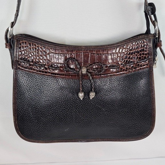 Brighton Handbags - Vintage Brighton Black Embossed Leather Shoulder Bag Croc Accent BowSilver Heart